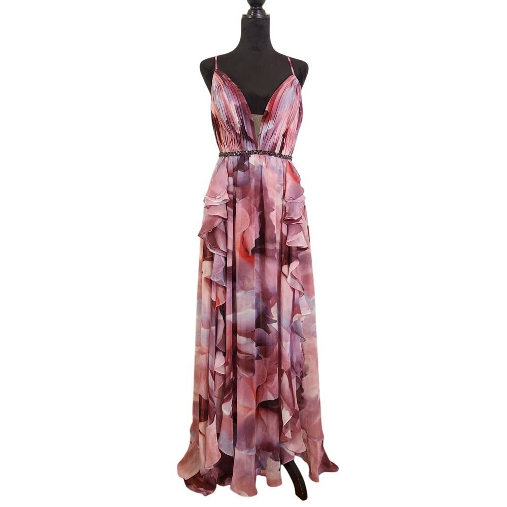 JOVANI NWT Floral Plunging Neckline Chiffon Dress, Size 8 - Picture 2 of 15